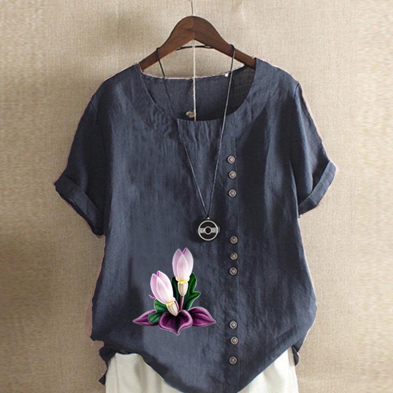 Women's Fashion Round Neck Short Sleeve T-shirt Casual Cotton Linen Graphic Shirt Leisure Loose Flowers Prined Summer Blouse Tops