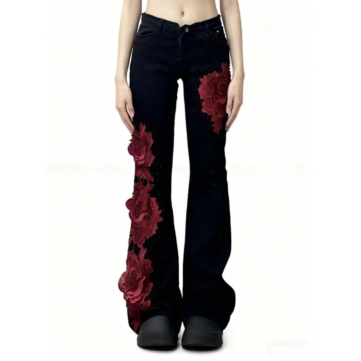 Джинсы VibeStreet с лоскутным узором  Роза , узкие, женские, стиль Y2K,  Пикантная девушка , Хай стрит дизайн, с низкой посадкой, слегка расклешенные, длинные, повседневные, весна, осень S