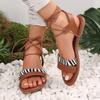 Large size strap flat sandals women's new leopard print round head ankle ring lace-up casual beach women's shoes