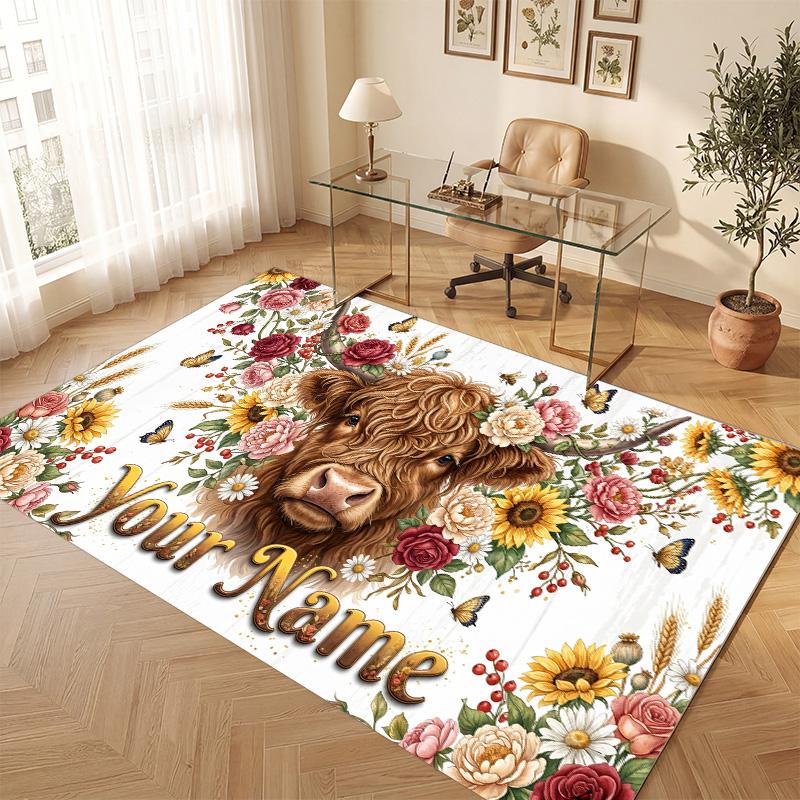 Highland Cow Theme Soft Crystal Velvet Rug Custom Name & Text Print Non Slip Floor Rug for Bedroom Living Room