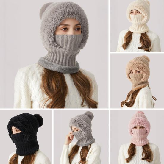3 In 1 Women Knitted Scarf Hat Plush Ball Decor Windproof Warm Snow Cap Solid Color Fleece Lining Outdoor Activity Hat