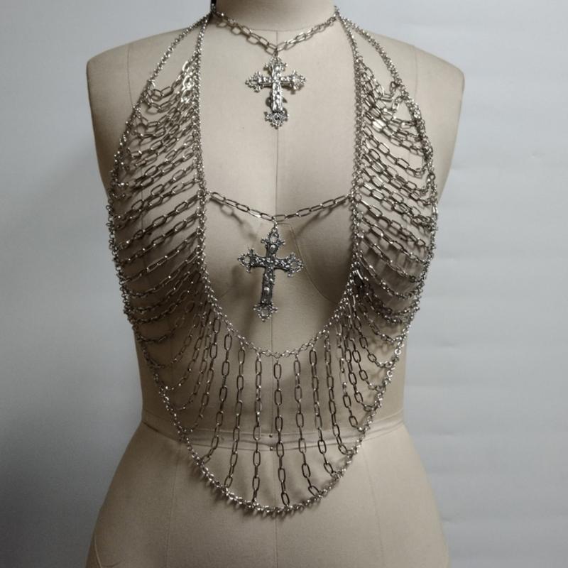 Metal Crosses Pendant Body Chain for Women Adorned with Rhinestones Halter Neck Crop Top for Parties and Casual Outings