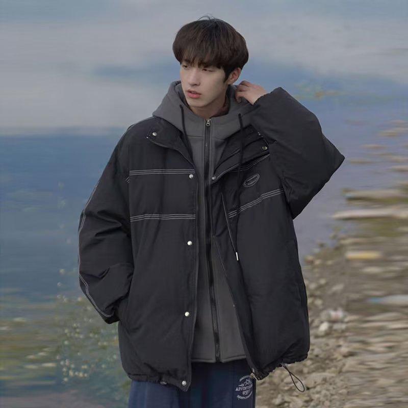 

Men s Winter Japanese Style Faux Two-Piece Hooded Cotton Jacket - Thick, Color Block, Versatile, Trendy Outerwear for Couples. XL чорний