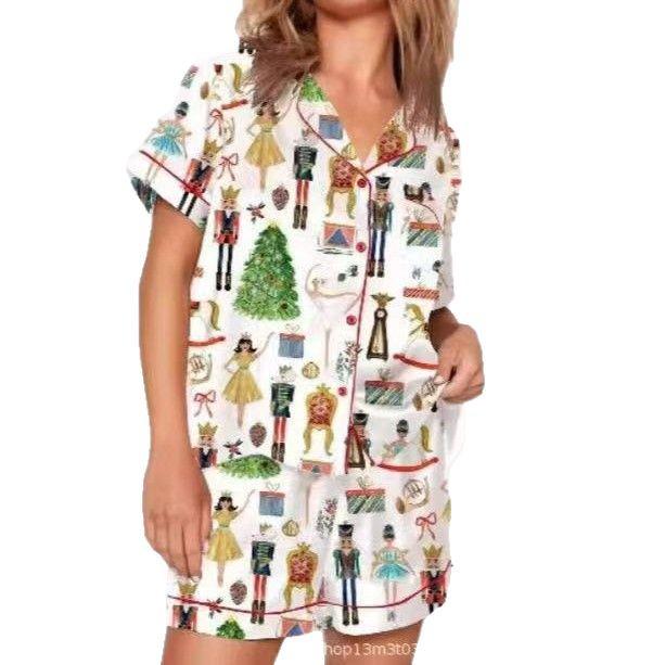 2025 Grenzüberschreitender Weihnachts-Pyjama: Druck Umlegekragen Kurzarm Shorts Hausanzug Set.