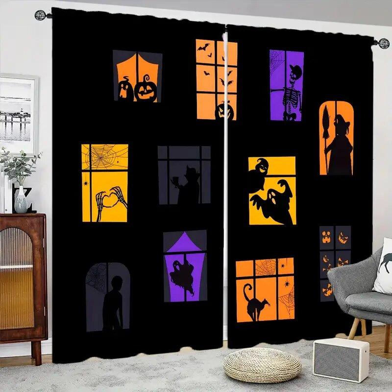 Set Of 2 Halloween Themed Pattern Printed Curtains Window Decorations Home Room Curtain Made Polyester