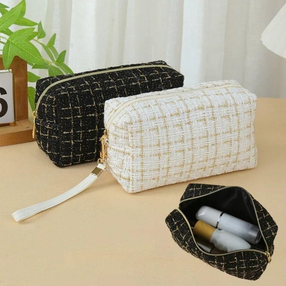 Fashion With Handle Cosmetic Bag Large Capacity Linen Cotton Makeup Bag Breathable Lightweight Toiletry Handbag Women