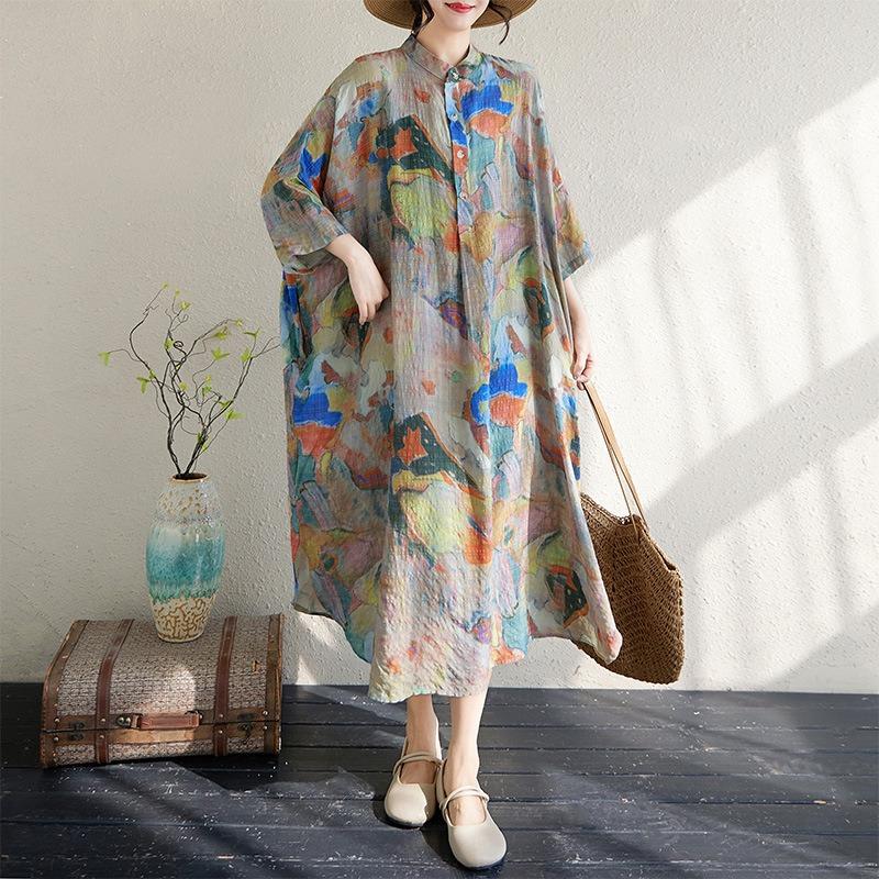Real Shot Summer New Literary Large Size Loose Printing Stand-up Collar Seven-quarter Sleeve Dress Women's Long Dress