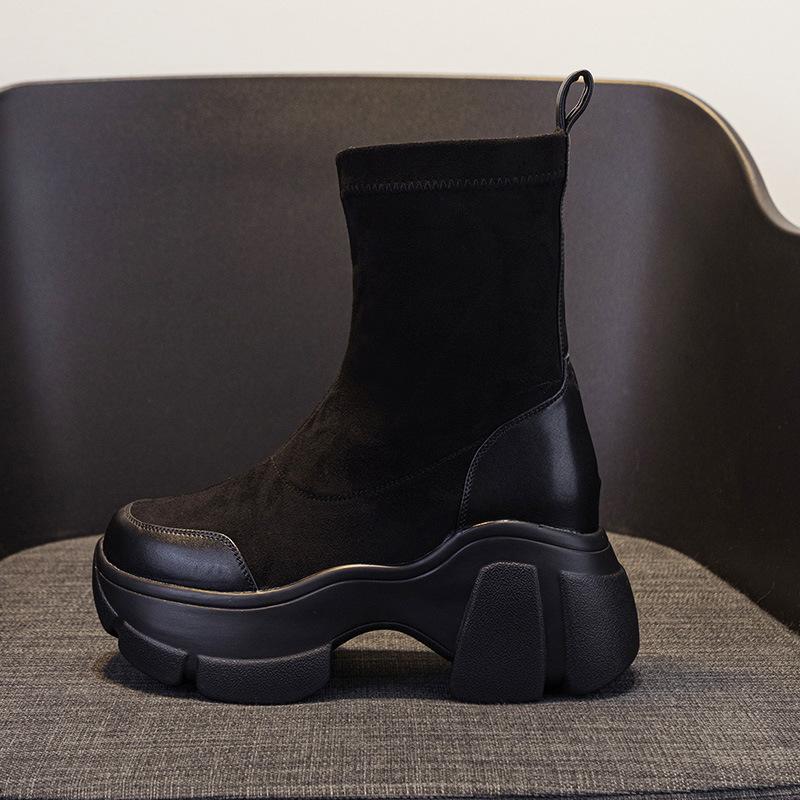 

23807-1 black elastic boots 2025 autumn new inner height increase breathable high heel short boots thin boots women s socks boots 34