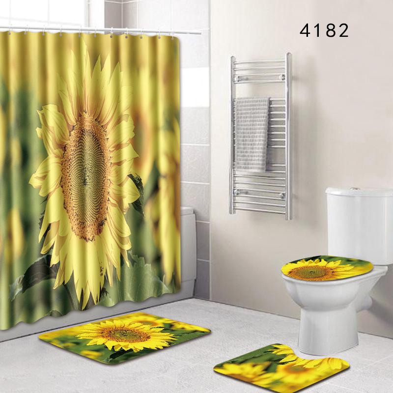 Plant Landscape Bathroom Shower Curtain Floor Mat Toilet Cover Foot Mat Four-Piece Pattern Size