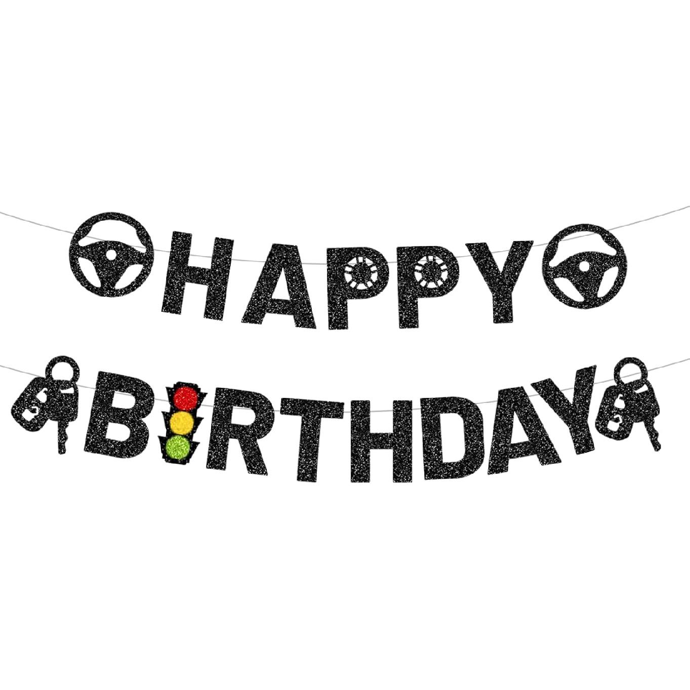 Drivers License 16th Birthday Decorations for Boys - Inisajace Glitter Happy Birthday Banners Car Themed Road Signs Banner Bday Party Decorations