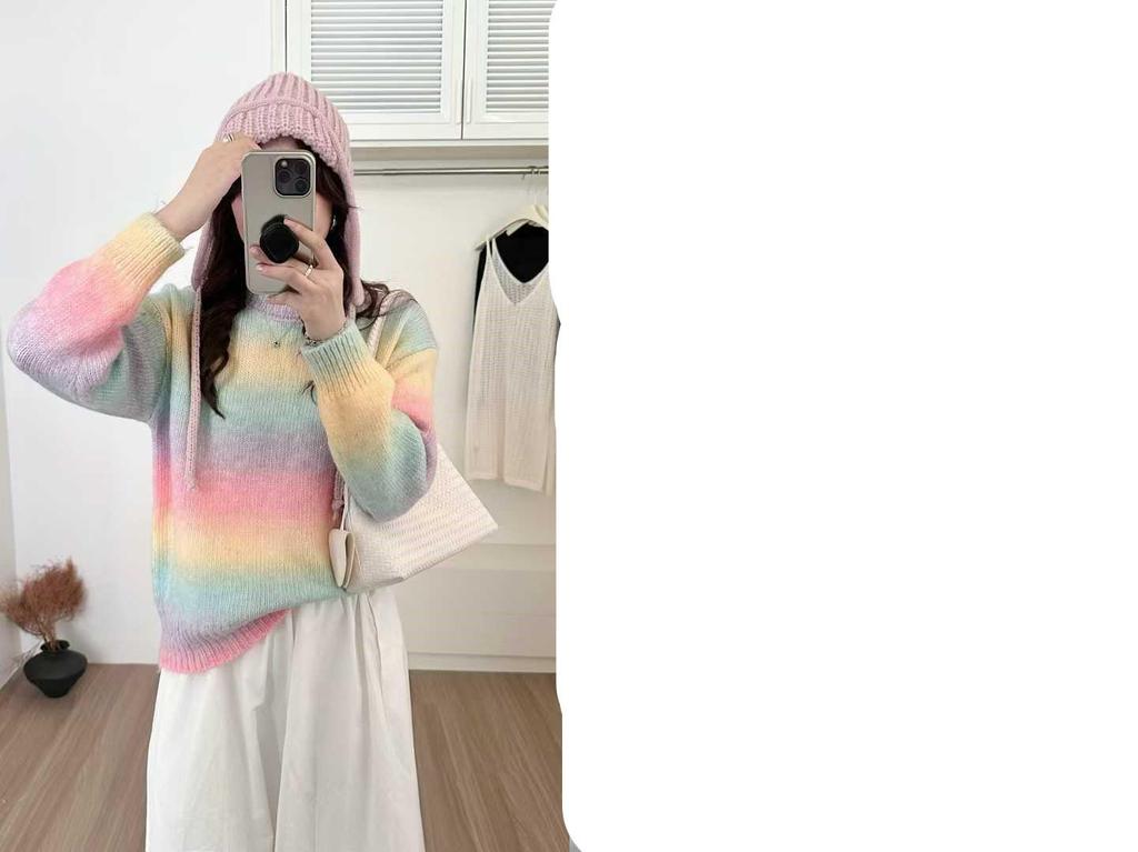 2025 Japanese Petal Style Oversized Gradient Knit Top - Colorful Striped Long Sleeve Outerwear