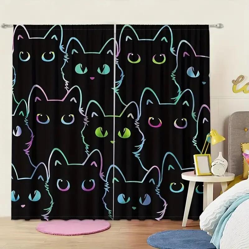 JIT 2pcs Colorful Cats Print Curtain  Blackout Drapes for Bedroom  Polyester  Rod Pocket Window Treatment  Home Decor