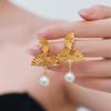 Chinese Double Layer Gold Fan Tassel Pearl Earrings with Silver Studs