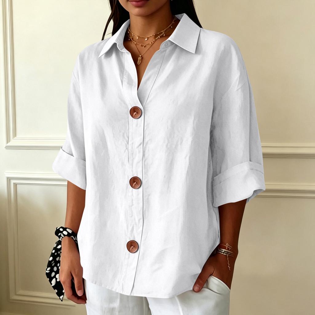 Women's Casual Loose Fit Button Down Shirt Three Quarter Sleeve Collared Blouse Lightweight Soft Fabric Relaxed Style