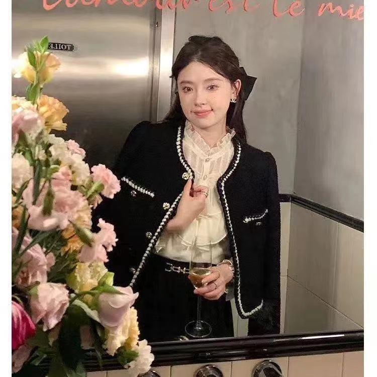 Damen Süße Vintage Tweed Jacke Eleganter Französischer Kurzmantel Lässig Langarm Einfach All Match Retro Damen Oberbekleidung Tops