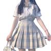 Lemon Sea Salt Plaid School Uniform: Short Sleeve Top & Midi Skirt Set