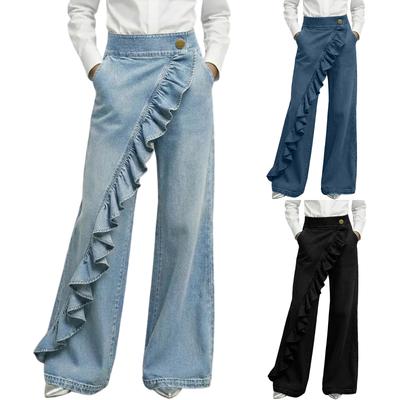 Calças Jeans Casuais Femininas de Perna Larga com Fechamento por Botão e Bolsos com Detalhe de Babado Adequadas para Uso Diário Escritório Estilo de Rua
