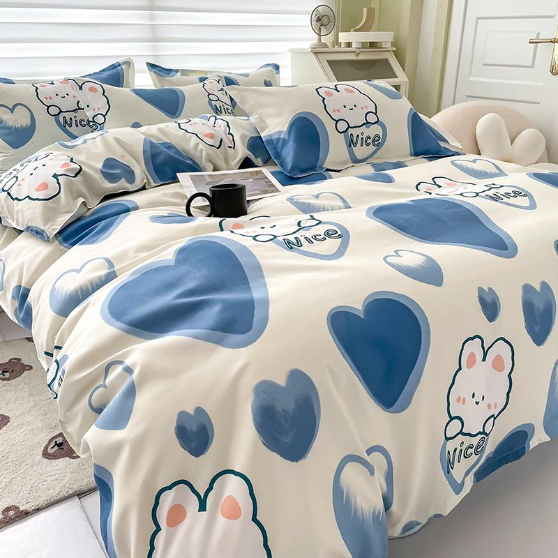 Blue Love Duvet Cover Set Heart Shaped Cute Rabbit Print Bedding Sets For Women Girls Teens Bed Set Flat Sheet Reversible Covers