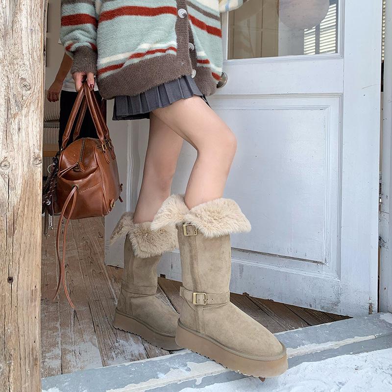 Milch Huhu~ Zwei tragen gefaltete dicke Sohle Schneestiefel für Damen Winter rutschfest warm Samt Nordost Schnee Baumwollstiefel