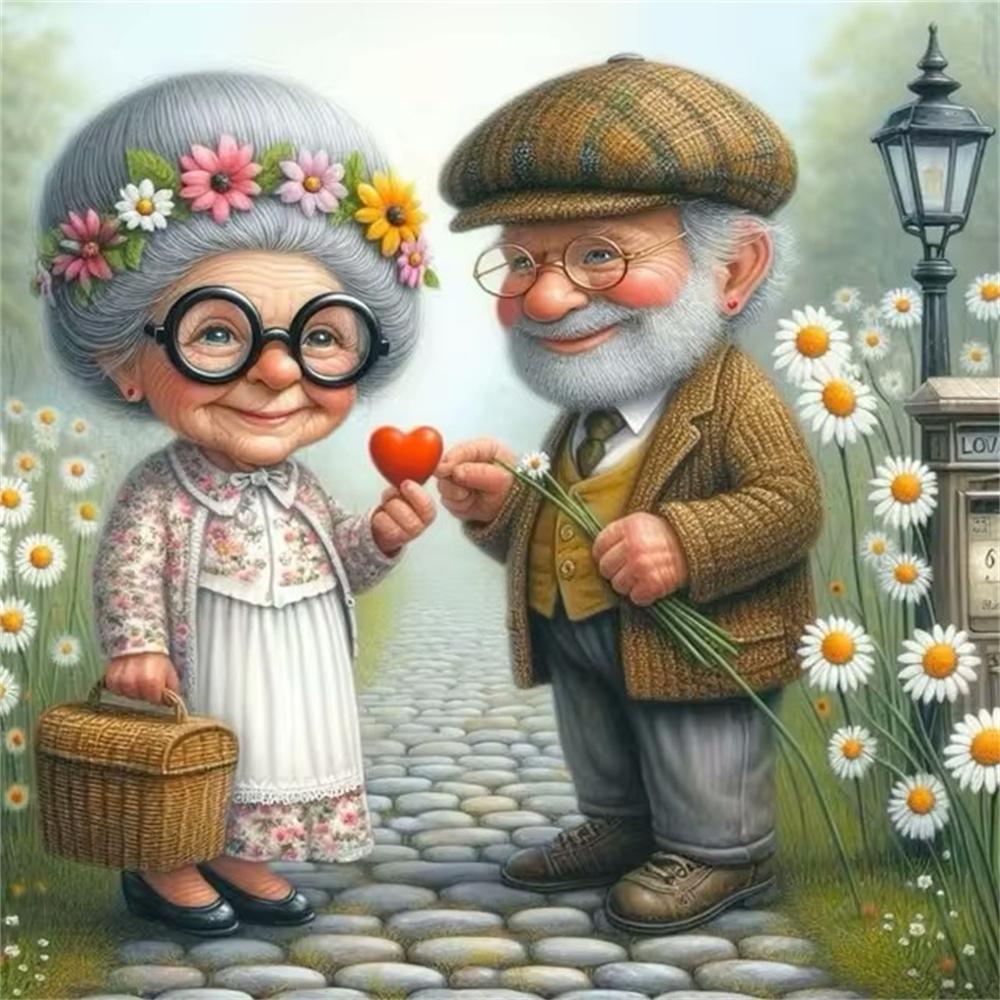 Cartoon Happy Old Couple 5D Full Round Diamond Painting Kits, Cute Grandma and Grandpa DIY Drills Mosaic Embroidery Cross-stitch