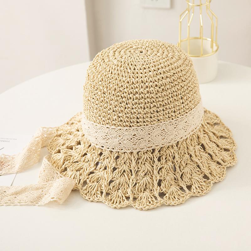 Women Summer Crochet Straw Hat Hollow Out Larger Brim Fashion Lace-UP Bucket UV Protect Foldable Beach Sun Cap