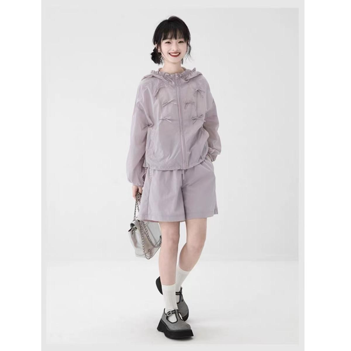 Women s Petite Trendy Hooded Crop Sun Protection Jacket & Drawstring Shorts Set, Summer Thin Style, 2026 Collection S