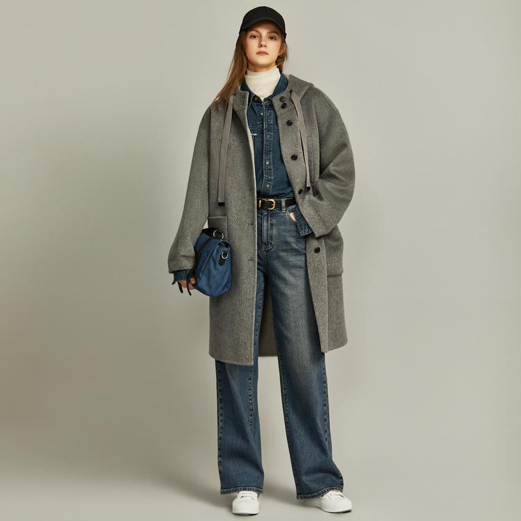 ELLE French Style Gray Sheepskin Mid-Length Single-Breasted Casual Loose Versatile Hooded Long Sleeve Double-Sided Wool Soft Coat Women Coats EN36356