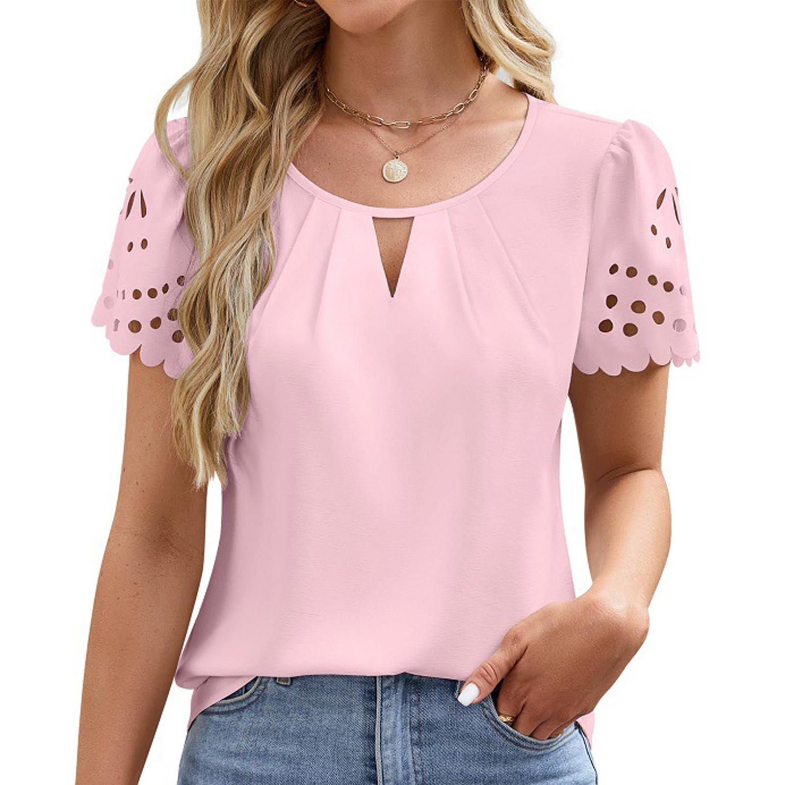 

Women s Fashionable Casual Color V-Neck Hollow Lace Short Sleeved Top Short Sleeved Top S рожевий