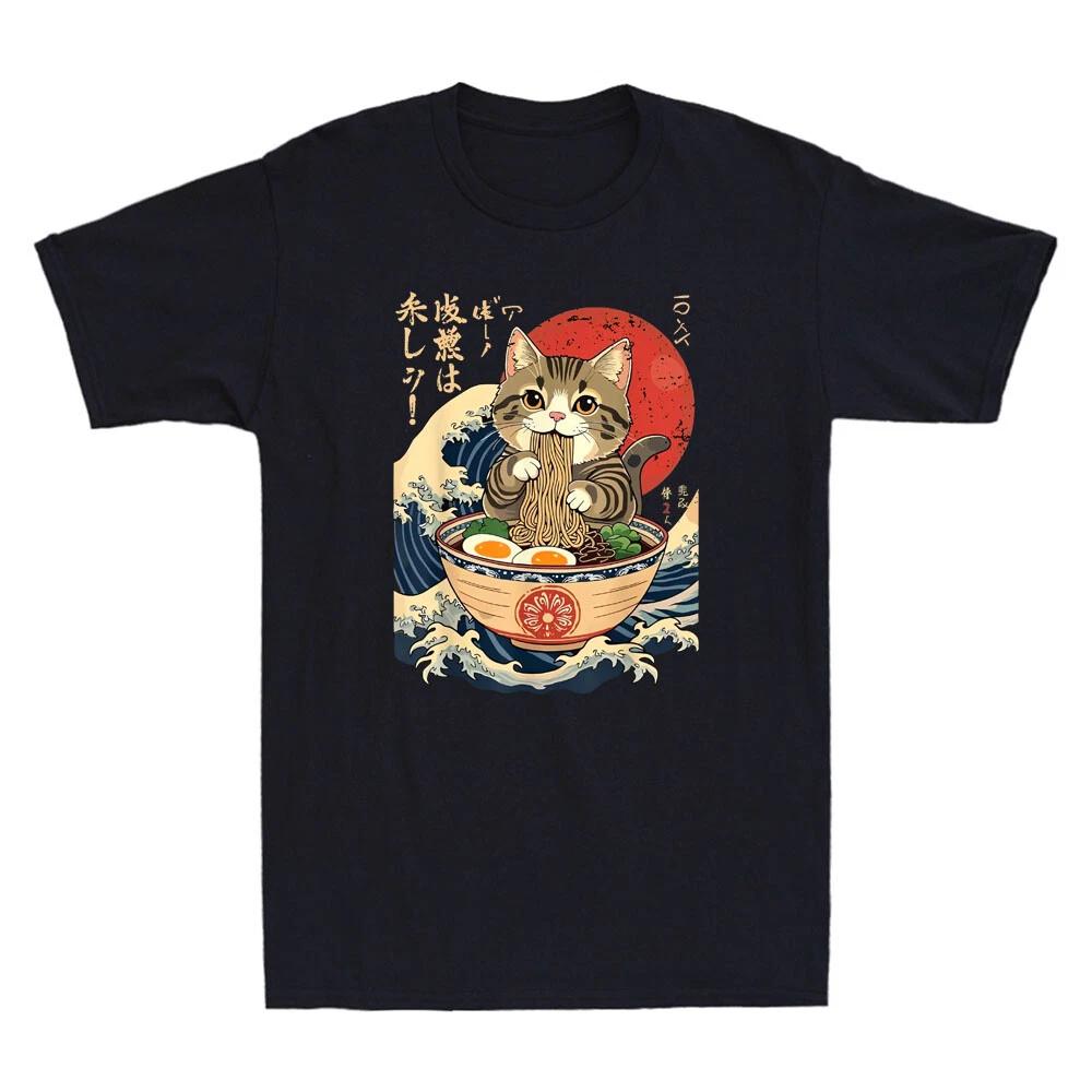 Cat Eating Ramen Noodles Funny Japanese Anime Manga Cat Graphic Men s T-Shirt L