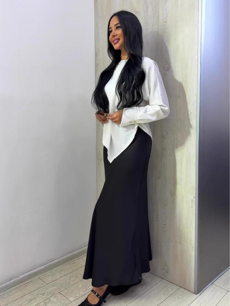 2025 Fall European & American Women's Round Neck Waist-Cinching Long Sleeve Top & Half Skirt Solid Color Set