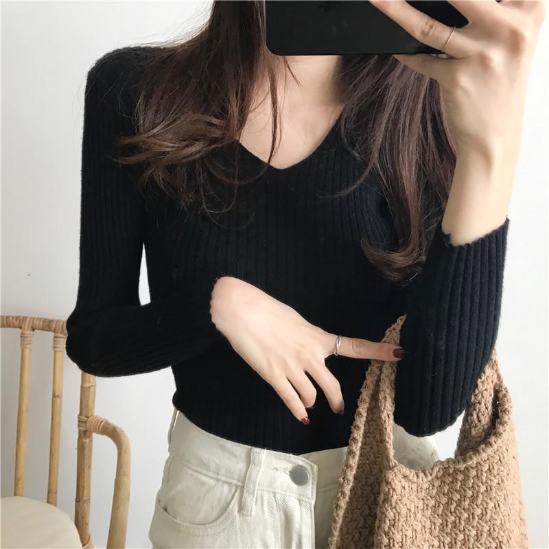 Women's Autumn Sweaters V-neck Slim Fit Pullover Long Sleeve Base Knitted Sweater Woman Winter Fashion Solid Bottoming Warm Knitwear Jumpers 24967