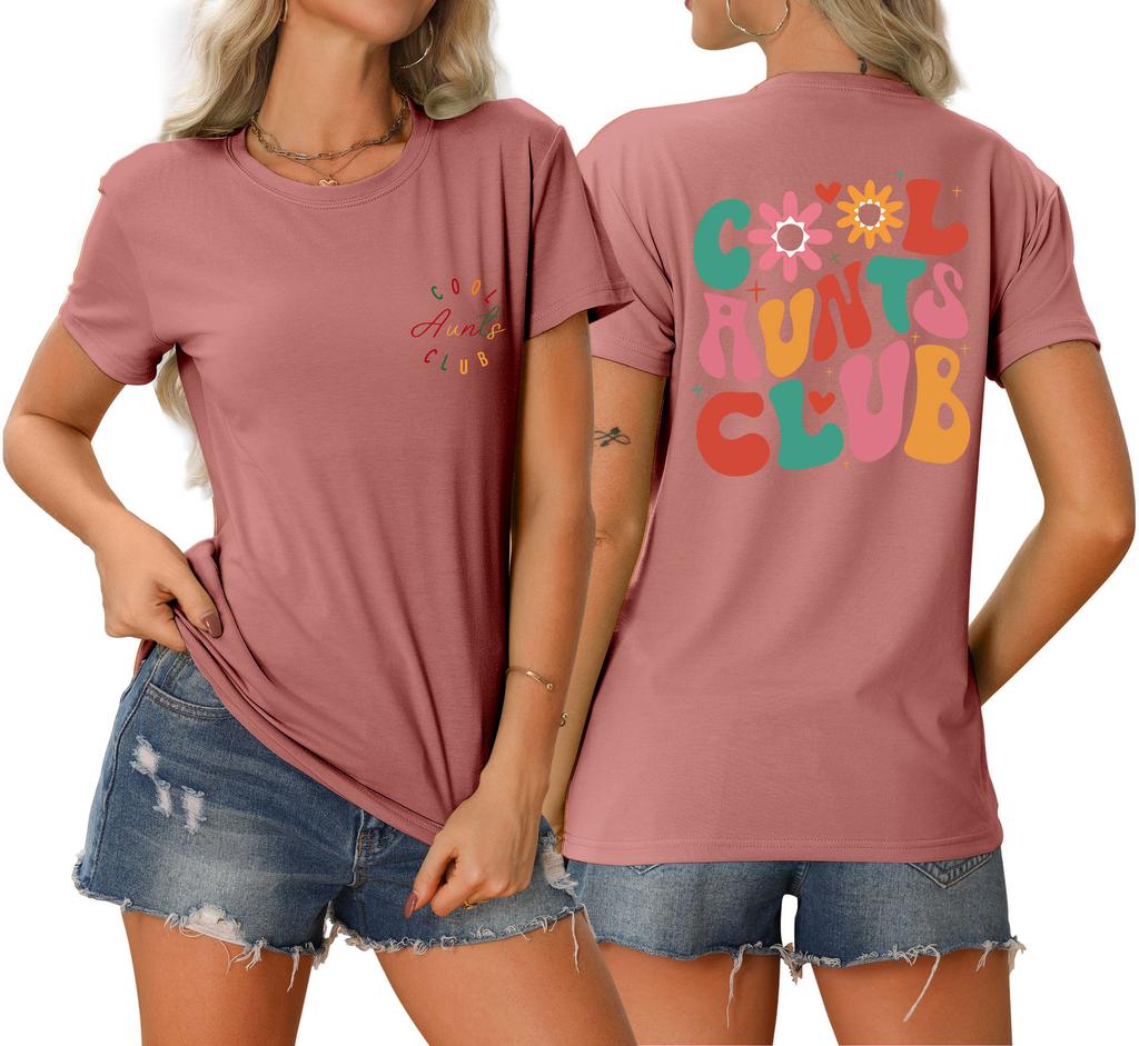 Summer new Womens round neck cool aunts club front and back printed Tshirt loose casual shortsleeved top with a stylish pullo