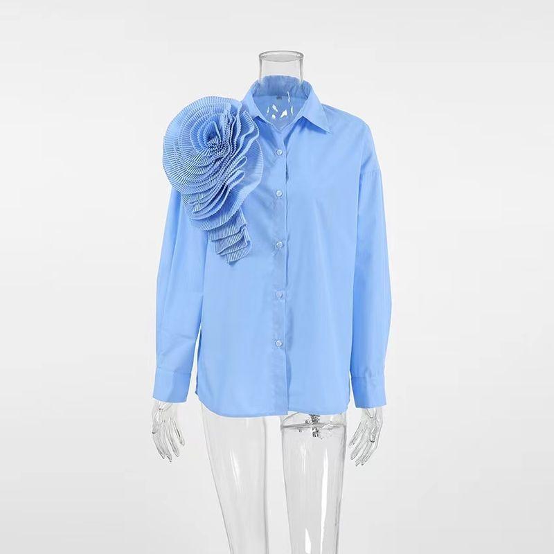 

Western Style Fashion Design Sense Drop Shoulder Sleeve Flower Shirt Loose Solid Shirts Flower Loose Shirt Blue L