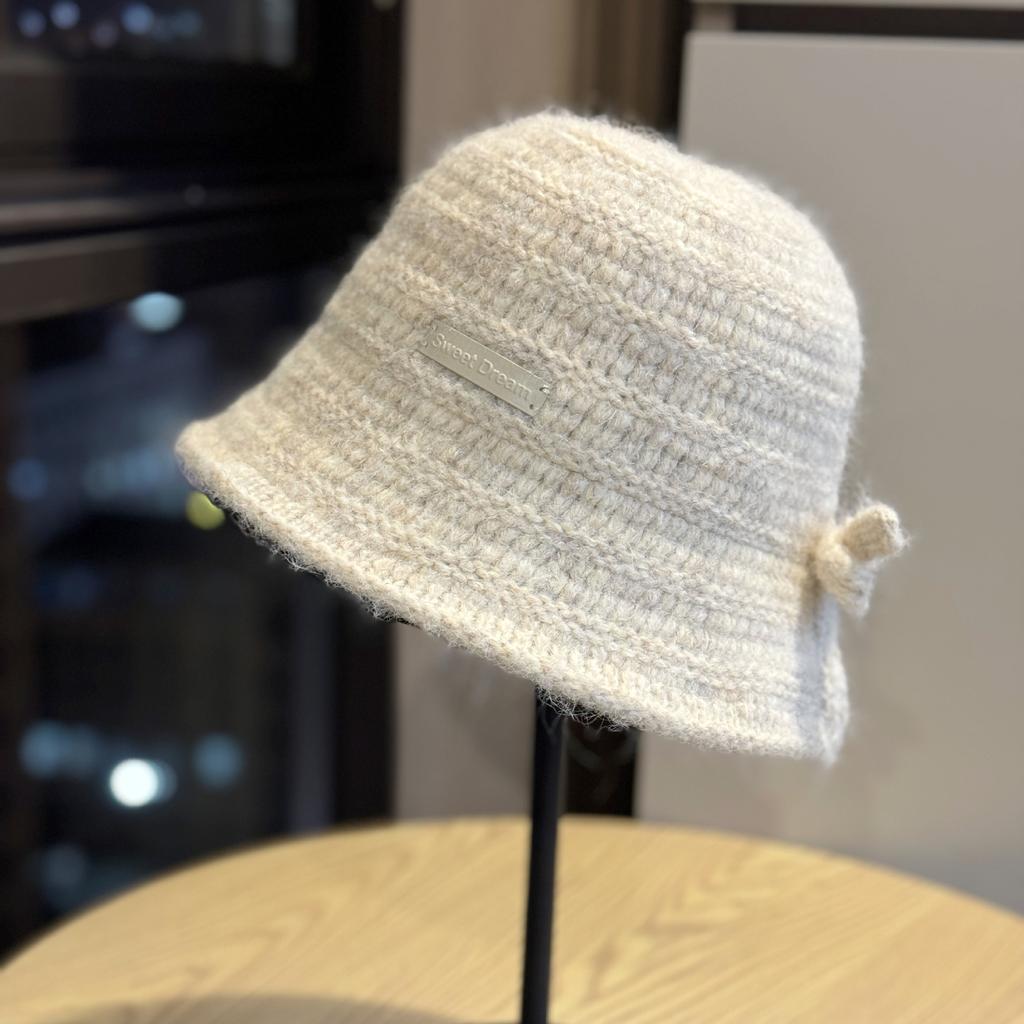 New Autumn and Winter Bow Knitted Fisherman Hat for Women Fashionable and Versatile Face Showing Small Slit Ear Protection Hat Basin Hat Cold Hat