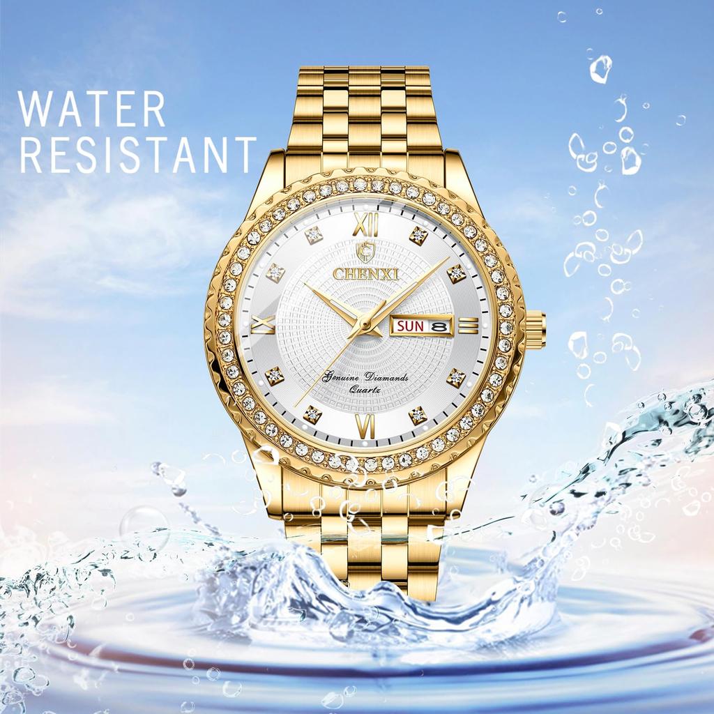 Stilvolle Herrenuhr aus Edelstahl, Gold: Analoganzeige, Kalender, 3 ATM Wasserdichtigkeit, Tagesanzeige, Quarzwerk, Partneruhr, Freizeit,