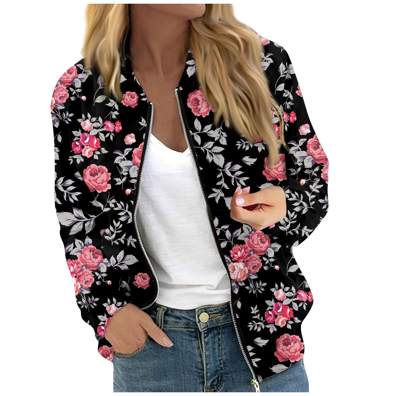 

Женская модная повседневная куртка на молнии с длинным рукавом с цветочным/листовым принтом и круглым вырезом L