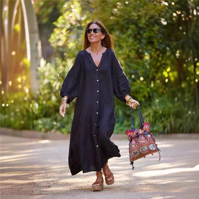 Summer New Style Women's Cotton And Linen Shirt Casual Long-sleeved Cardigan Dress V-neck Solid Color Loose Beach Skirt