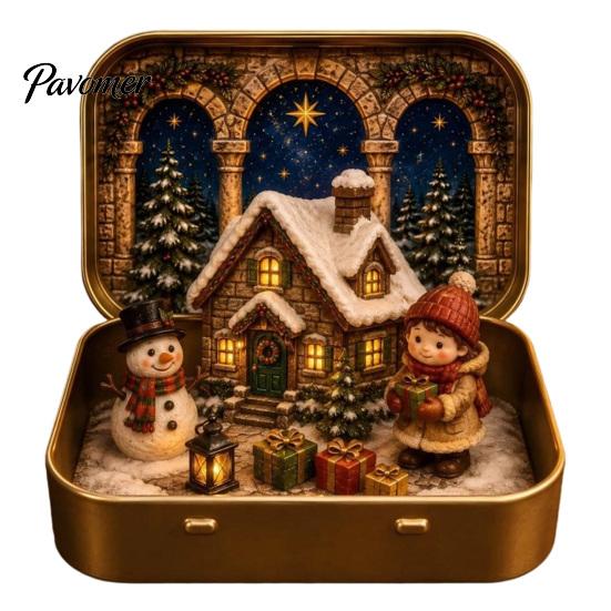 Micro Paesaggio Natalizio da Tavolo Mini Set in Scatola di Latta, Scena Festiva Formato Tascabile Scatola Presepio Portatile con Figure in Miniatura, da Collezione
