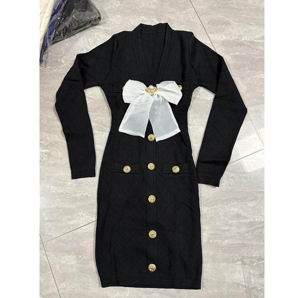 Autumn Winter New Fashion Knitted V-neck Long Sleeve Slim Bodycon Dress for Women Elegant Single-breasted Sweater Dress with Bowknot