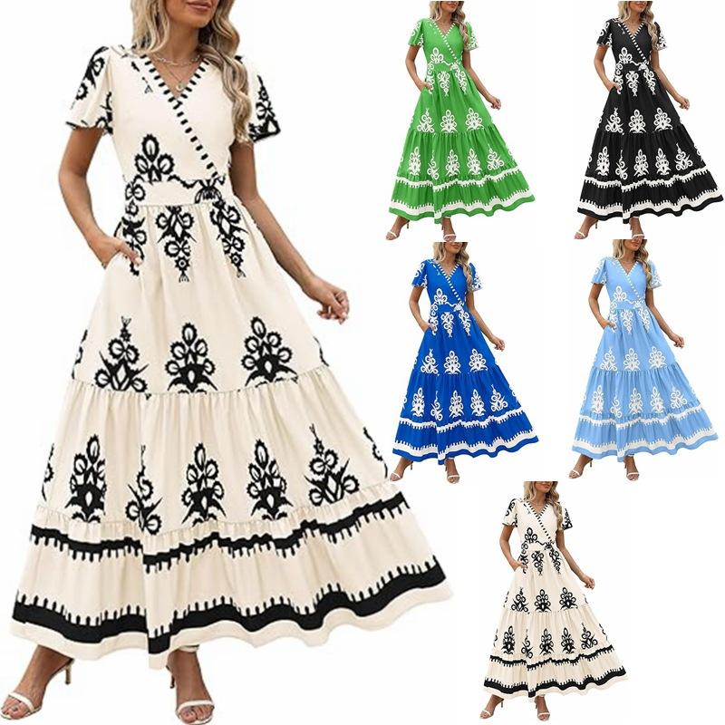 

Women s Floral Print V-Neck Tiered Ruffled Midi Dress with Short Sleeves and Elastic Waist S