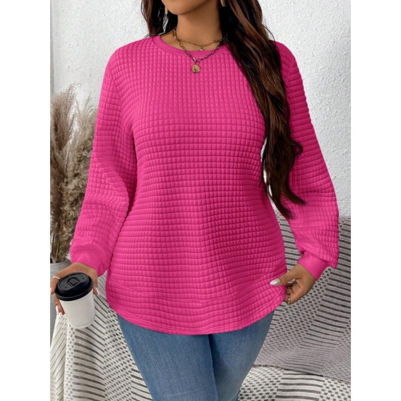 Women Fashion Casual Loose Plaid Solid Long Sleeve Pullover Sweatshirt