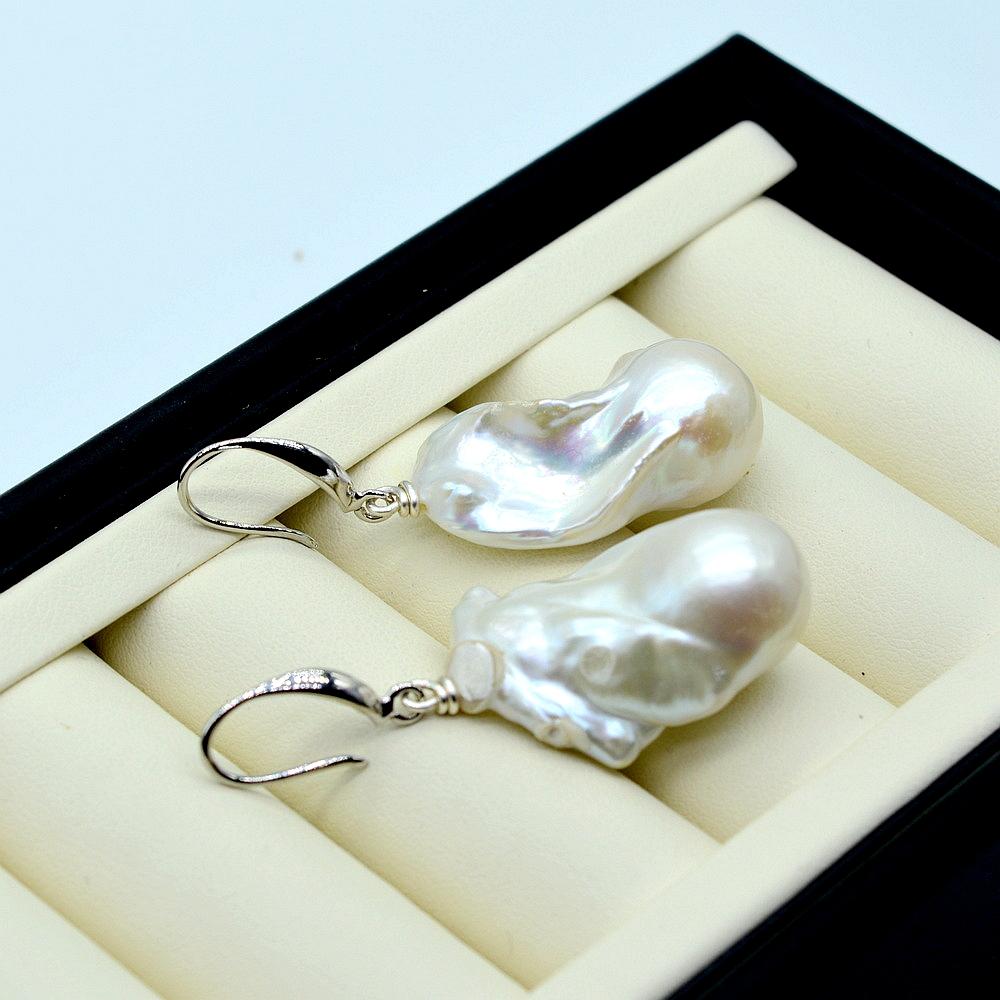 Orecchini da donna con pendente in perla bianca naturale grande, orecchini in argento con sfera di fiamma, orecchini pendenti con perla barocca grande, spedizione gratuita
