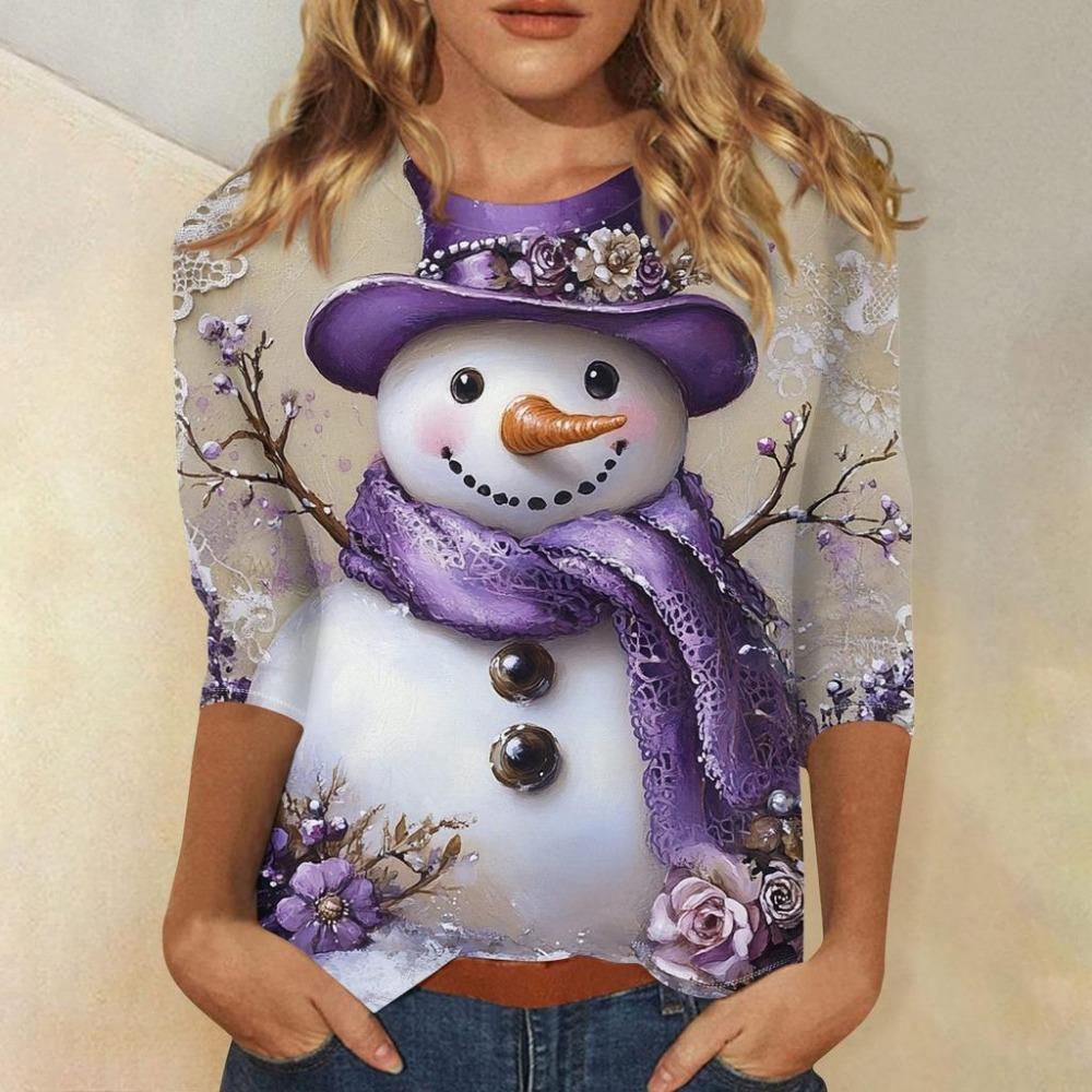 Christmas Limited Edition Women's 3D Snowflake and Snowman Print Round Neck Long Sleeve Hoodies Fashion Casual Long Sleeve Top