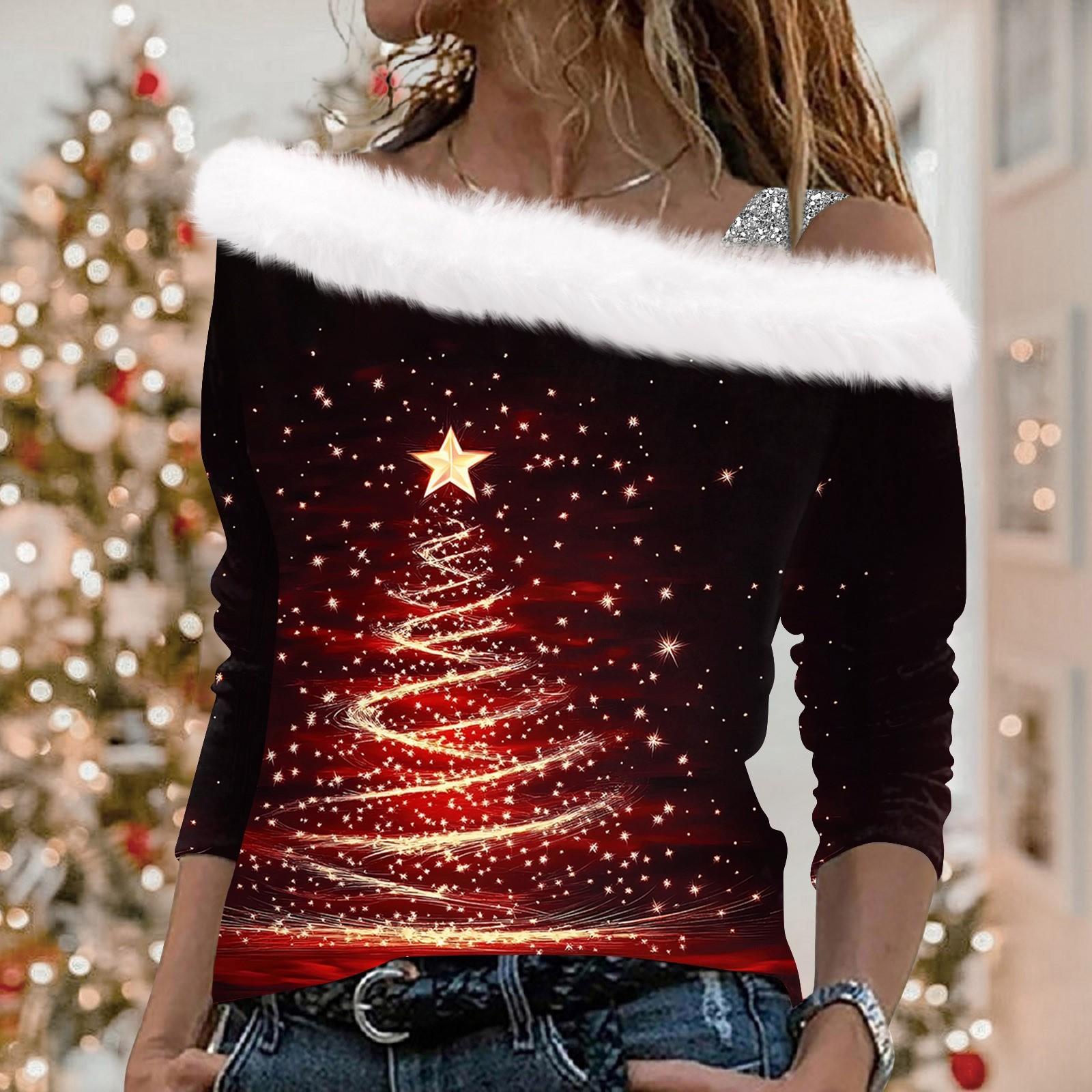 

Женские топы с длинным рукавом, модные женские свободные пуловеры с рождественским принтом и открытыми плечами M