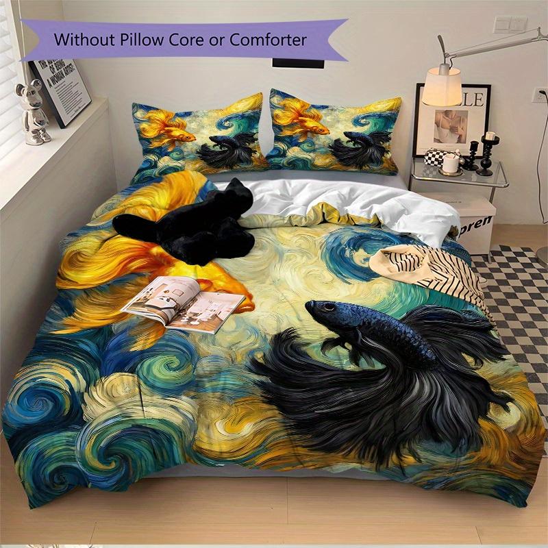 3pcs Animal-themed Goldfish Swirls Soft and Comfortable Breathability, Bedding Set, Machine Washable, Suitable for All Seasons192