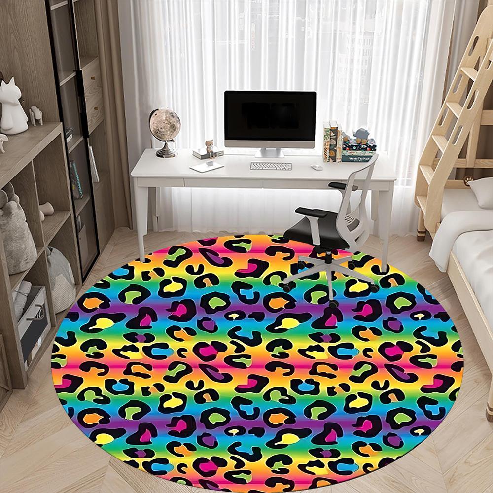1pc Rainbow Leopard Print Chair Carpet for Office, Round Polyester Mat, Indoor Decor for Office, Easycare Fabric, Washable Non-slip Area Carpet