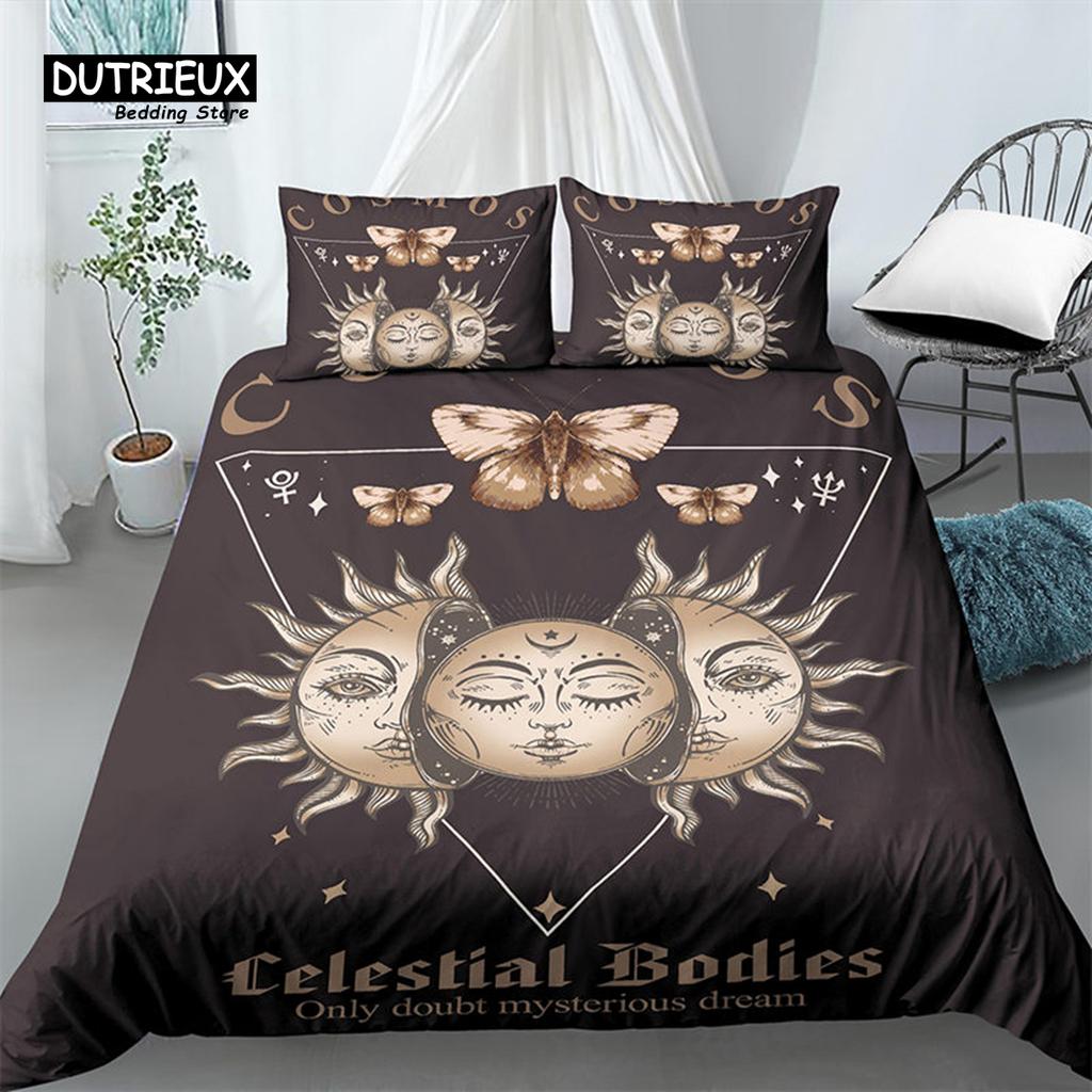 Chic Sun And Moon Duvet Cover 3D Floral Comforter Cover Bohemia Psychedelic Butterfly Bedding Set King Full For Kids Boys Girls