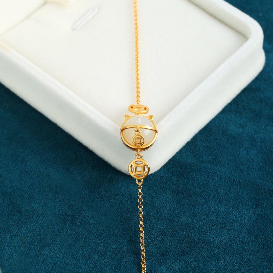 

Certified 925 Sterling Silver Gold Plated Lucky Cat Hetian Jade Bracelet - Ancient Style Hanfu Jade Jewelry 925 Silver