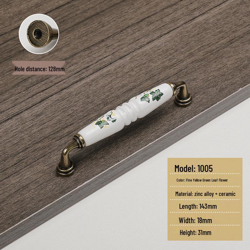 Starožitná hnědá červená a zelená listová keramická venkovská úchytka zásuvky skříňky