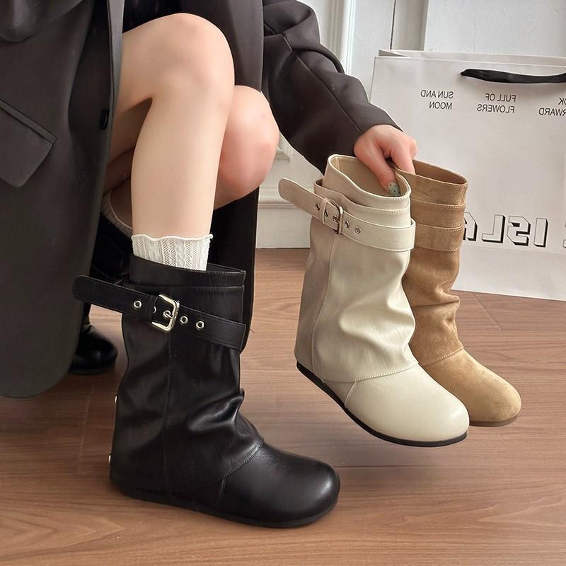 European and American style black belt buckle knight boots women's winter round head low heel pile boots small trend short boots